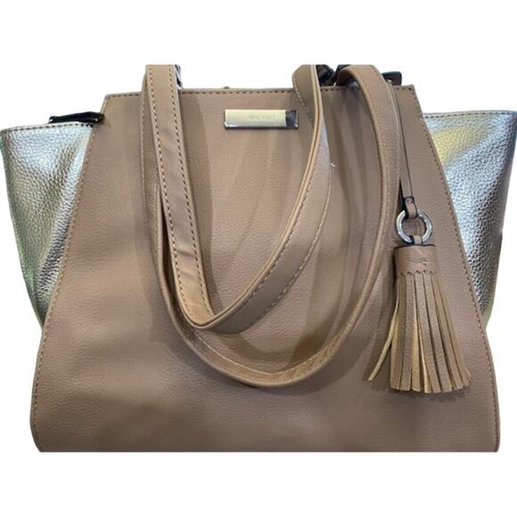 NINE WEST Taupe/Gold Faux-Leather Women's Satchel Bag NEW - Picture 1 of 11